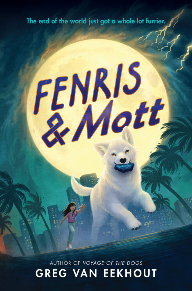 Book cover of Fenris & Mott featuring a white wolf cub gleefully running with a rune in his mouth while an Asian-American girl runs after him. Behind them, a city is wracked by a storm.